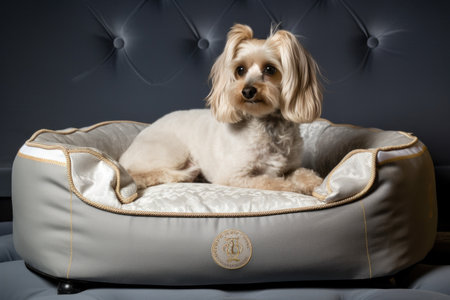 luxurious and custom-made pet bed with fluffy pillows, designer fabric and embroidered monogram, created with generative aiの素材