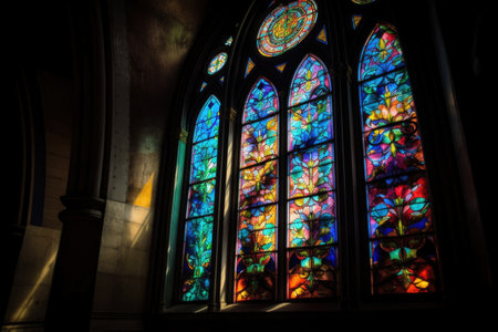 the dramatic effect of colorful light shining through a stained-glass window, created with generative aiの素材