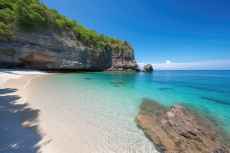 tropical cliff beach with clear blue waters and white sand, created with generative aiの素材