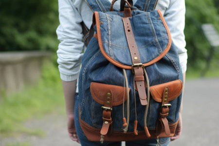 a pair of old jeans, refashioned into a backpack with leather straps and zippers, created with generative aiの素材