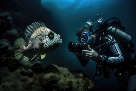 underwater photographer getting up-close and personal with fish, capturing its unique characteristics, created with generative aiの素材