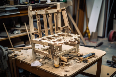 broken chair being rebuilt with new wood and nails, created with generative aiの素材