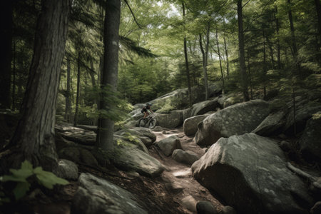 person, flying past trees and rocks on mountain bike trail, created with generative aiの素材