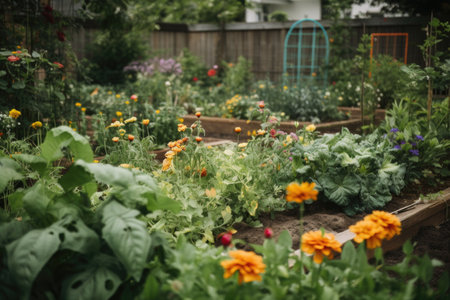 close-up of community garden with thriving plants, flowers, and vegetables, created with generative aiの素材