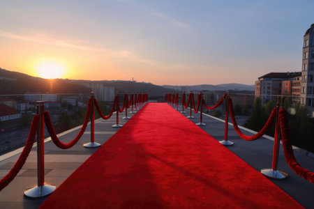 red carpet rolling out for a grand and glamorous event, with view of the venue visible in the background, created with generative aiの素材