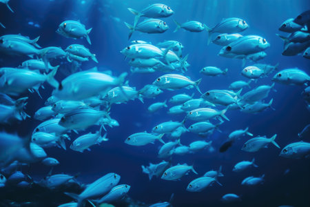 school of fish swimming in a neon blue underwater world, created with generative aiの素材