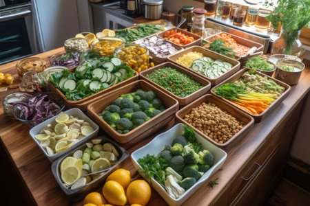meal prep session with a variety of raw veggies and herbs for easy cooking, created with generative aiの素材
