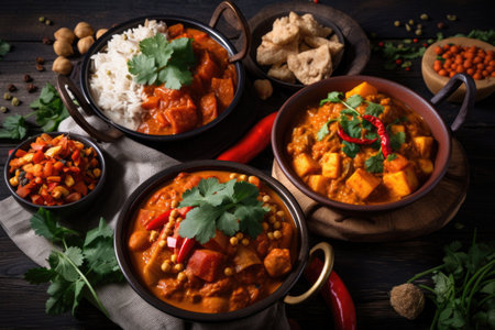 plate of rich and spicy curries, to boost the immune system and ward off colds, created with generative aiの素材
