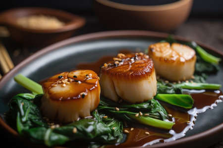 pan-seared scallops with bok choy and chinese black vinegar sauce, created with generative aiの素材