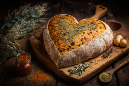 heart-shaped bread loaf with a golden crust, surrounded by herbs and spices, created with generative aiの素材