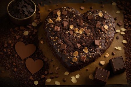 heart brownie surrounded by a border of chocolate chips and nuts, creating the perfect presentation, created with generative aiの素材