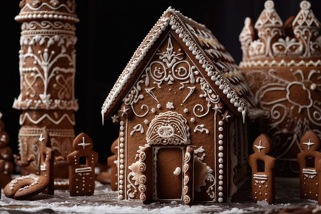 festive gingerbread house, with intricate and detailed design, created with generative aiの素材
