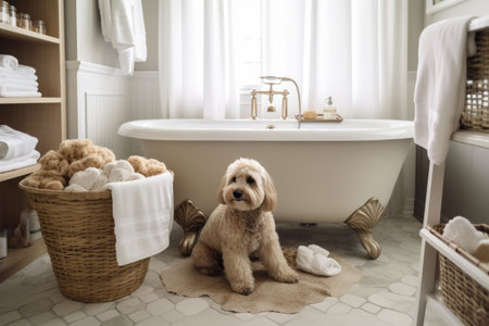luxury bathroom with plush towels, bathtub and a basket of pet toys, created with generative aiの素材