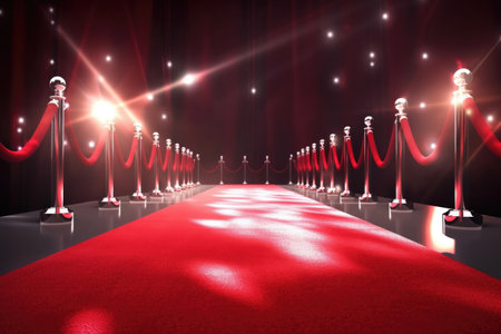 red carpet leading to red velvet stage, with glittering lights and cheering crowd in the background, created with generative aiの素材