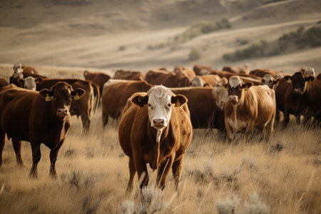 herd of cows grazing in open pasture, created with generative aiの素材
