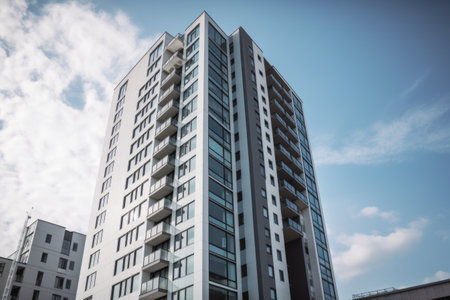 high-rise apartment building with modern exterior and clean lines, reflecting the energy of the city, created with generative aiの素材
