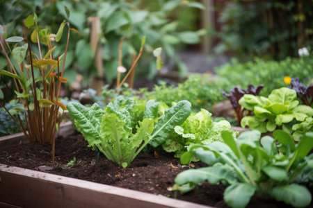 edible garden, with vegetables and herbs growing in rich soil, created with generative aiの素材