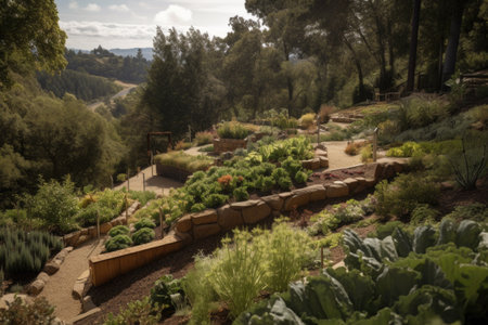 edible garden surrounded by natural landscape on mountainside, created with generative aiの素材