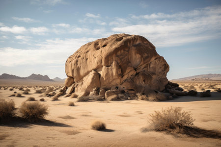 giant rock formation in the desert, surrounded by rolling dunes, created with generative aiの素材