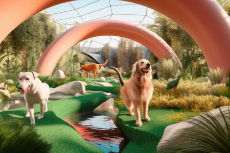 dog and cat architects designing futuristic park with greenery, water features, and playground equipment, created with generative aiの素材
