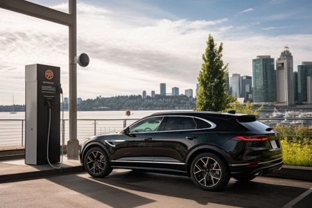 electric vehicle being charged at public charging station, with view of the city in the background, created with generative aiの素材
