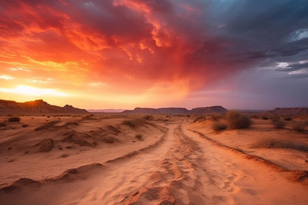 desert with dramatic sunset, the sky ablaze with stunning colors, created with generative aiの素材