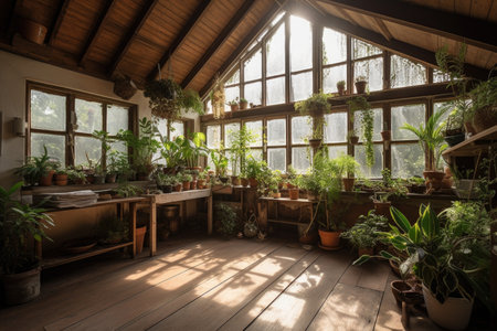 a greenhouselike space with natural light and plants, for meditation or prayer, created with generative aiの素材