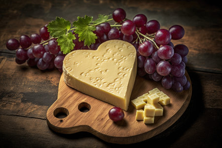 close-up of heart-shaped cheese with crackers and grapes on wooden board, created with generative aiの素材