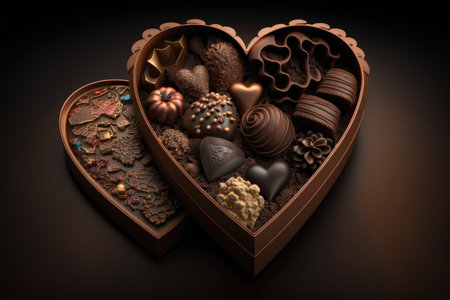 heart-shaped box filled with assorted chocolate truffles, ready to be given as a gift, created with generative aiの素材