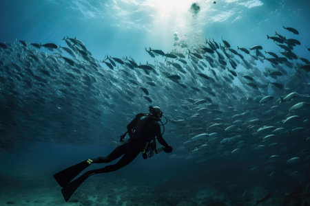 diver swimming with school of fish, surrounded by the underwater beauty, created with generative aiの素材