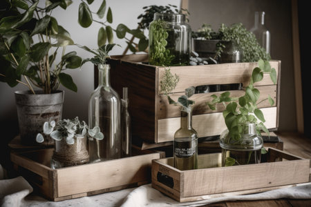 diy decor project with wooden crates, jars and greenery, created with generative aiの素材
