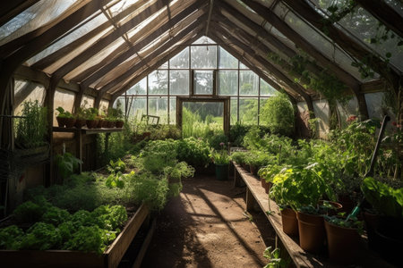 greenhouse with herbs and vegetables growing in the sun, created with generative aiの素材