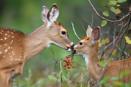fawn licking the head of its rabbit friend, created with generative aiの素材