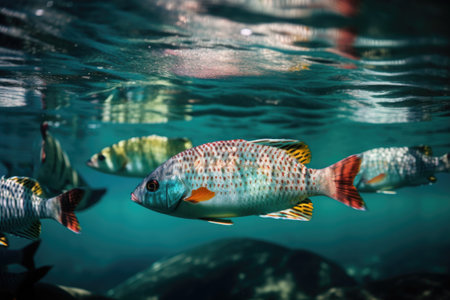 close-up of colorful fish swimming in crystal clear waters, created with generative aiの素材