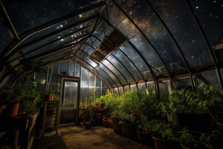 greenhouse, with view of the night sky, and stars shining in the background, created with generative aiの素材