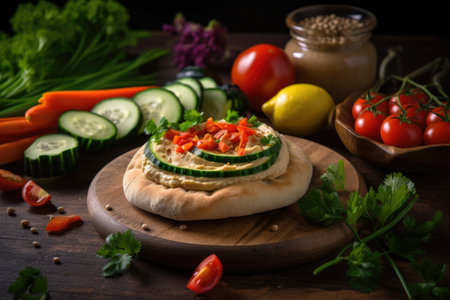 hummus and pita bread sandwich with fresh vegetables and herbs, created with generative aiの素材