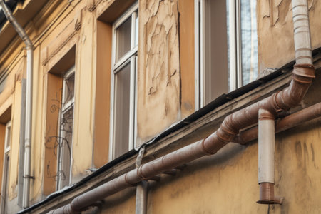 the process of replacing old downpipes on the residential house in the city, created with generative aiの素材