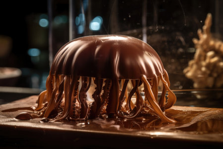 chocolate jellyfish swimming in aquarium of melted chocolate, created with generative aiの素材