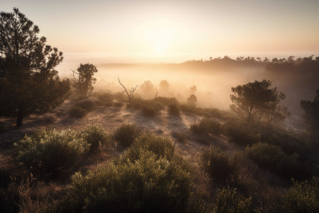forested desert with misty sunrise in the background, created with generative aiの素材