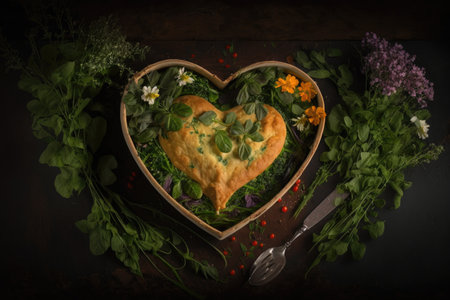 heart-shaped chicken pot pie topped with bouquet of fresh herbs, created with generative aiの素材