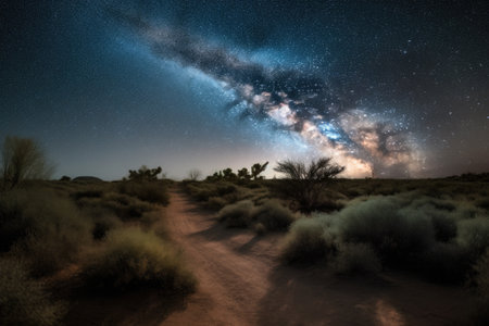 possible view of a desert with a starry night sky, featuring thousands of twinkling stars, created with generative aiの素材