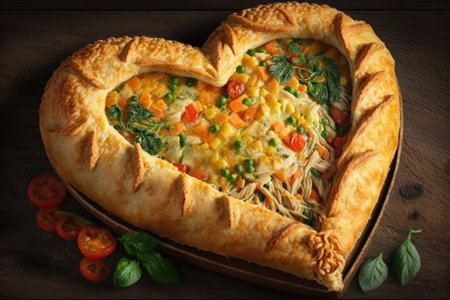 heart-shaped pie with flaky pastry crust is filled with juicy chicken and vegetables, created with generative aiの素材