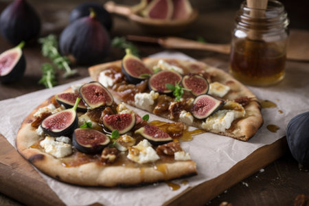 pizza with figs and goat cheese on a thin pizza crust, created with generative aiの素材