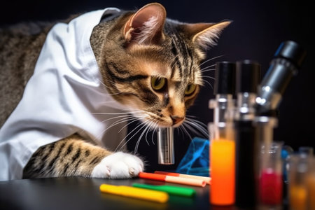 feline scientist examining microscope with test tube full of colorful liquid, created with generative aiの素材