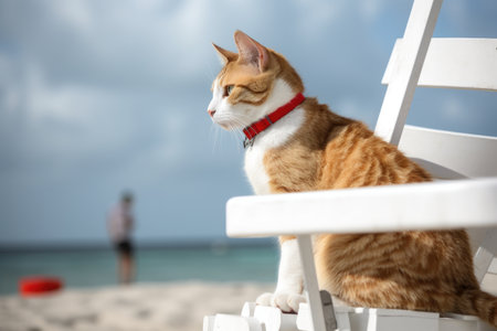 cat lifeguard sitting on beach chair, keeping an eye out for trouble, created with generative aiの素材