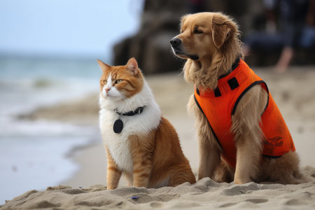 dog and cat lifeguards patrolling the beach together, keeping watch over their human charges, created with generative aiの素材