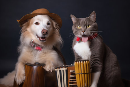 close-up of dog and cat musician playing their instruments in unison, created with generative aiの素材
