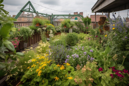 rooftop garden with lush greenery and blooming flowers, created with generative aiの素材