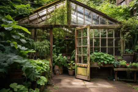 greenhouse with cascade of greenery spilling out the door, created with generative aiの素材