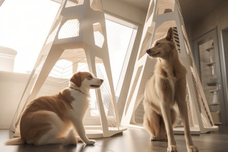 dog and cat architects working together to design high-rise buildings with futuristic designs, created with generative aiの素材